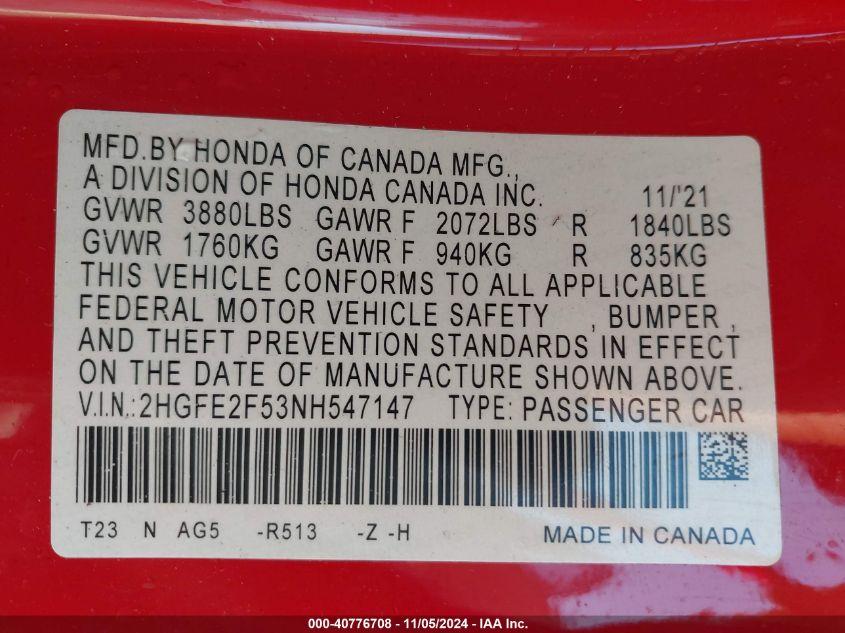 HONDA CIVIC SPORT 2022