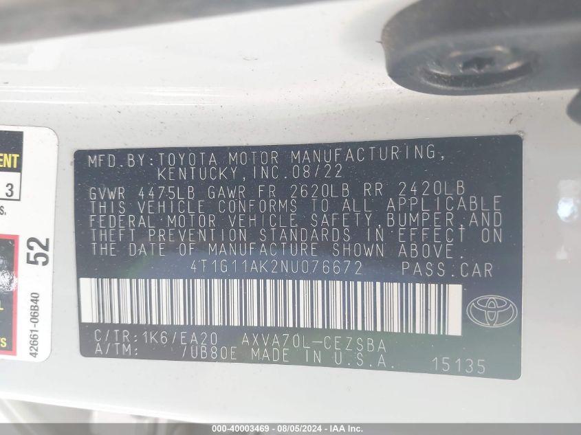 TOYOTA CAMRY SE 2022