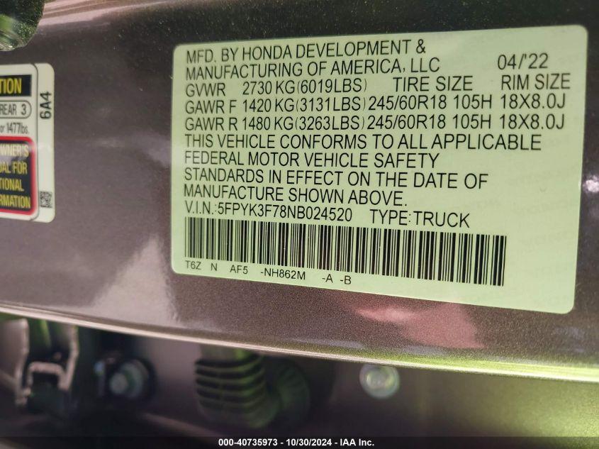 HONDA RIDGELINE RTL-E 2022