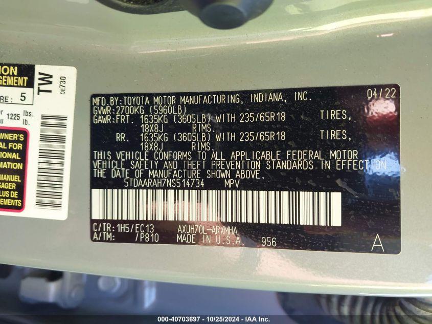 TOYOTA HIGHLANDER HYBRID XLE BRONZE EDITION 2022