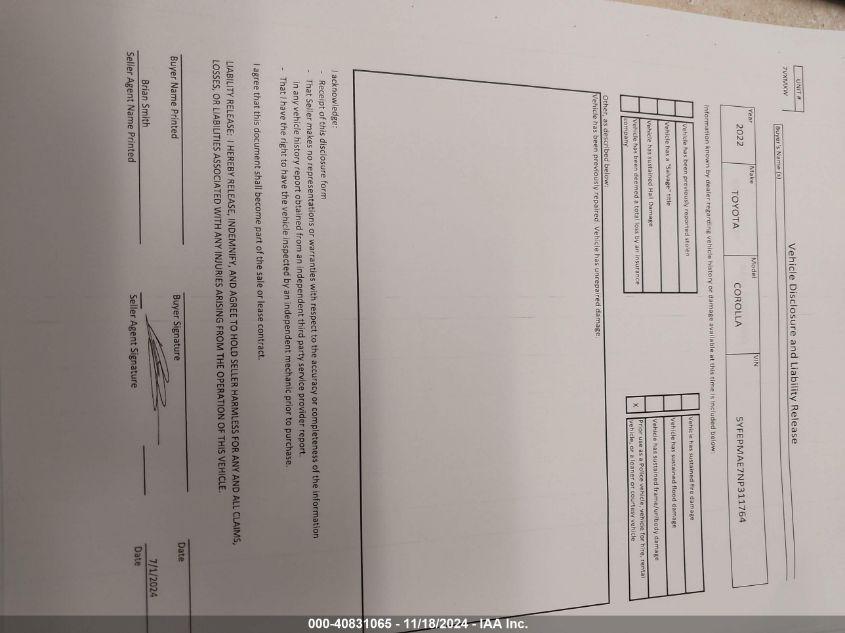 TOYOTA COROLLA LE 2022