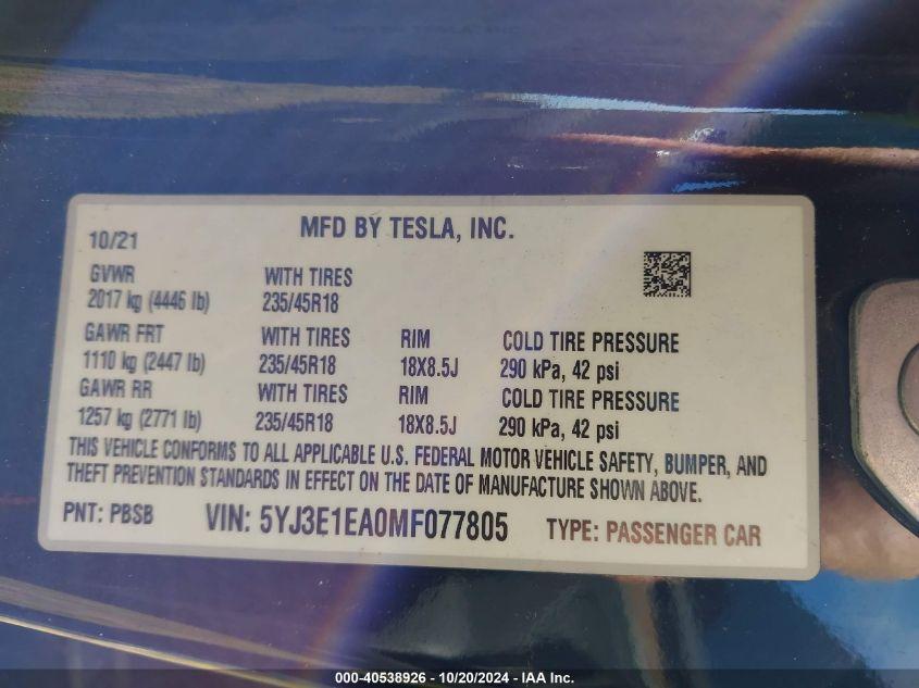 TESLA MODEL 3 STANDARD RANGE PLUS REAR-WHEEL DRIVE 2021