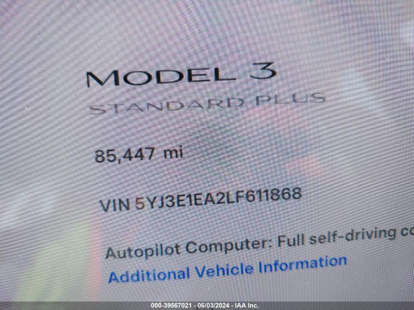 TESLA MODEL 3 STANDARD RANGE PLUS REAR-WHEEL DRIVE/STANDARD RANGE REA 2020