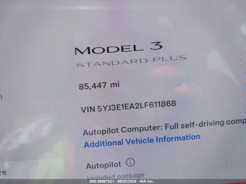 TESLA MODEL 3 STANDARD RANGE PLUS REAR-WHEEL DRIVE/STANDARD RANGE REA 2020