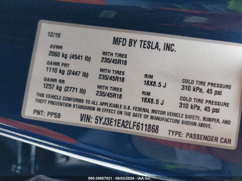 TESLA MODEL 3 STANDARD RANGE PLUS REAR-WHEEL DRIVE/STANDARD RANGE REA 2020