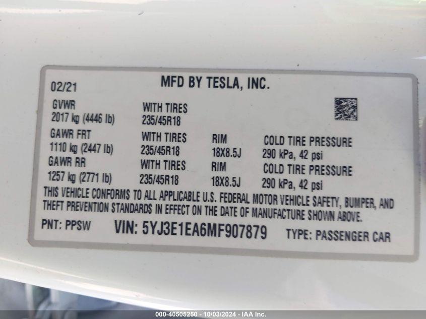 TESLA MODEL 3 STANDARD RANGE PLUS REAR-WHEEL DRIVE 2021
